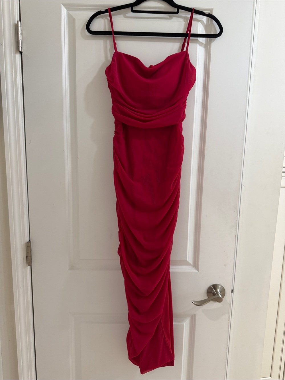 #3- $5 Express magenta Cowl Neck Ruched Maxi Dress